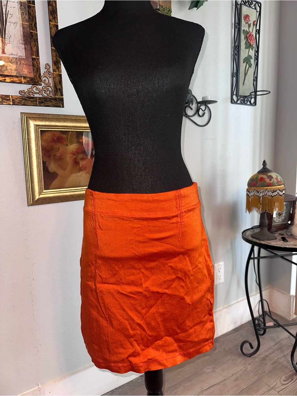 Vtg JouJou Orange Solid Stitch Stretchy Elastic Waist Pencil Skirt, Size M